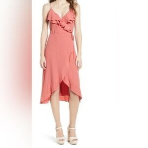 Leith Coral Wrap New Spaghetti  Straps Asymmetrical Ruffled Sundress M